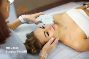 Woman having Hi-Fu to reduce wrinkles Swansea.