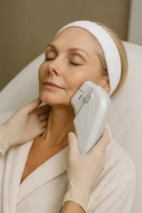 Woman receiving HIFU non surgical facelift treatment Swansea