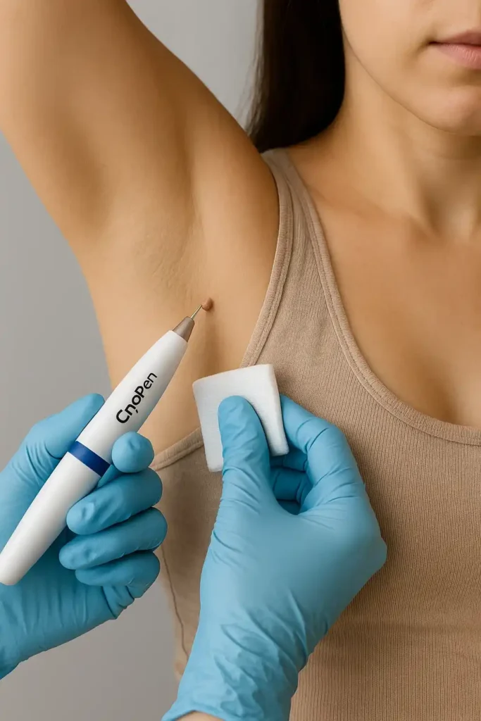 woman having cryopen to remove underarm skin tags Swansea
