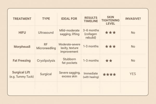 Table showing the comparisons of Skin tightening Swansea treatment options.